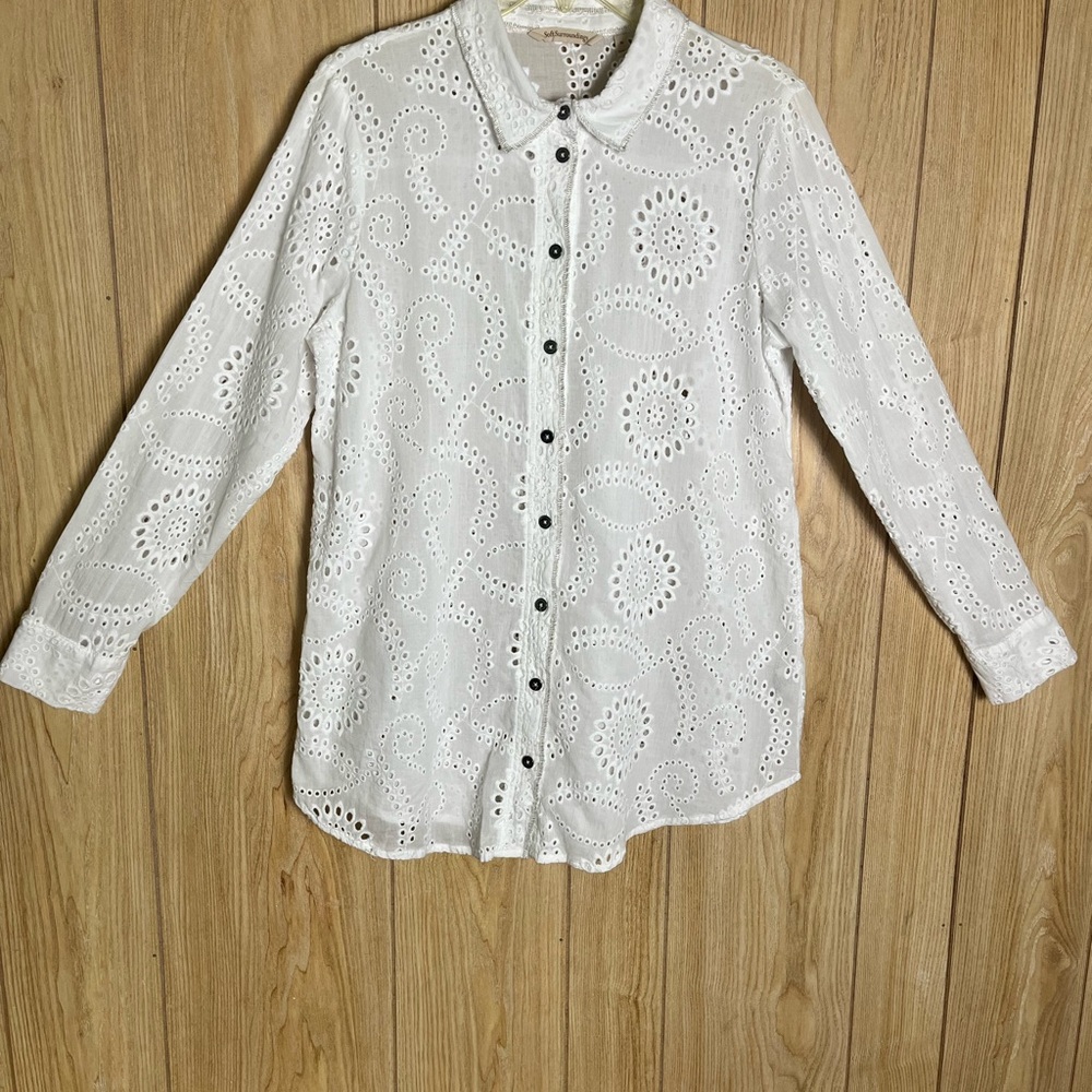 Soft Surroundings White Eyelet Button-Down Shirt